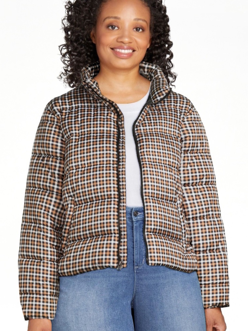 Time and Tru Brown White Black Check Plaid Cropped Puffer Jacket large